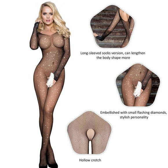 Black Fishnet Diamonds Long Sleeve Bodystocking - Picture 5 of 11